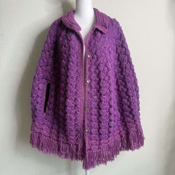 Handmade Accessories - Handknit Crochet Purple Cape Poncho Wrap Sweater Chunky Fringe Granny Beige Boho